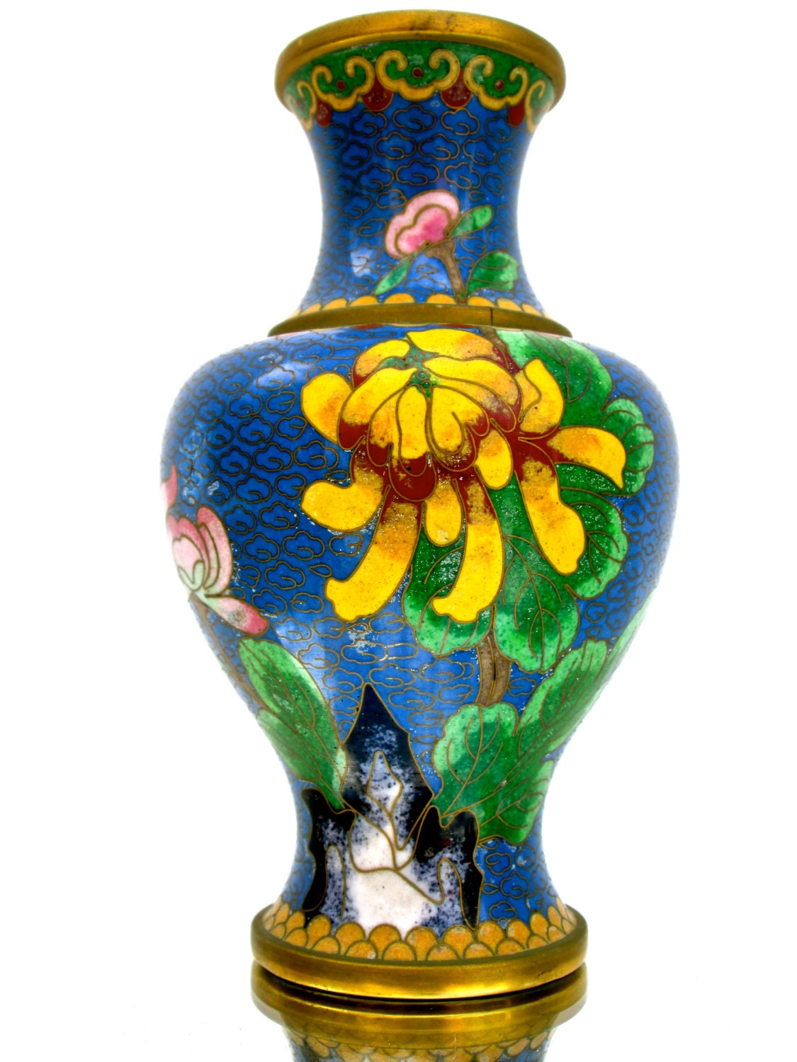 Vintage Vase Cloisonne Blaue Emaille Messing Details