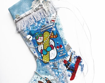 Snowboarder Christmas stocking, a custom handmade one-of-a-kind holiday decoration for anyone who loves snowboarding