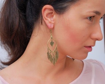 Long drop tribal earrings, gypsy feather earrings, ethnic bronze earrings, gift idea, stylish jewellery