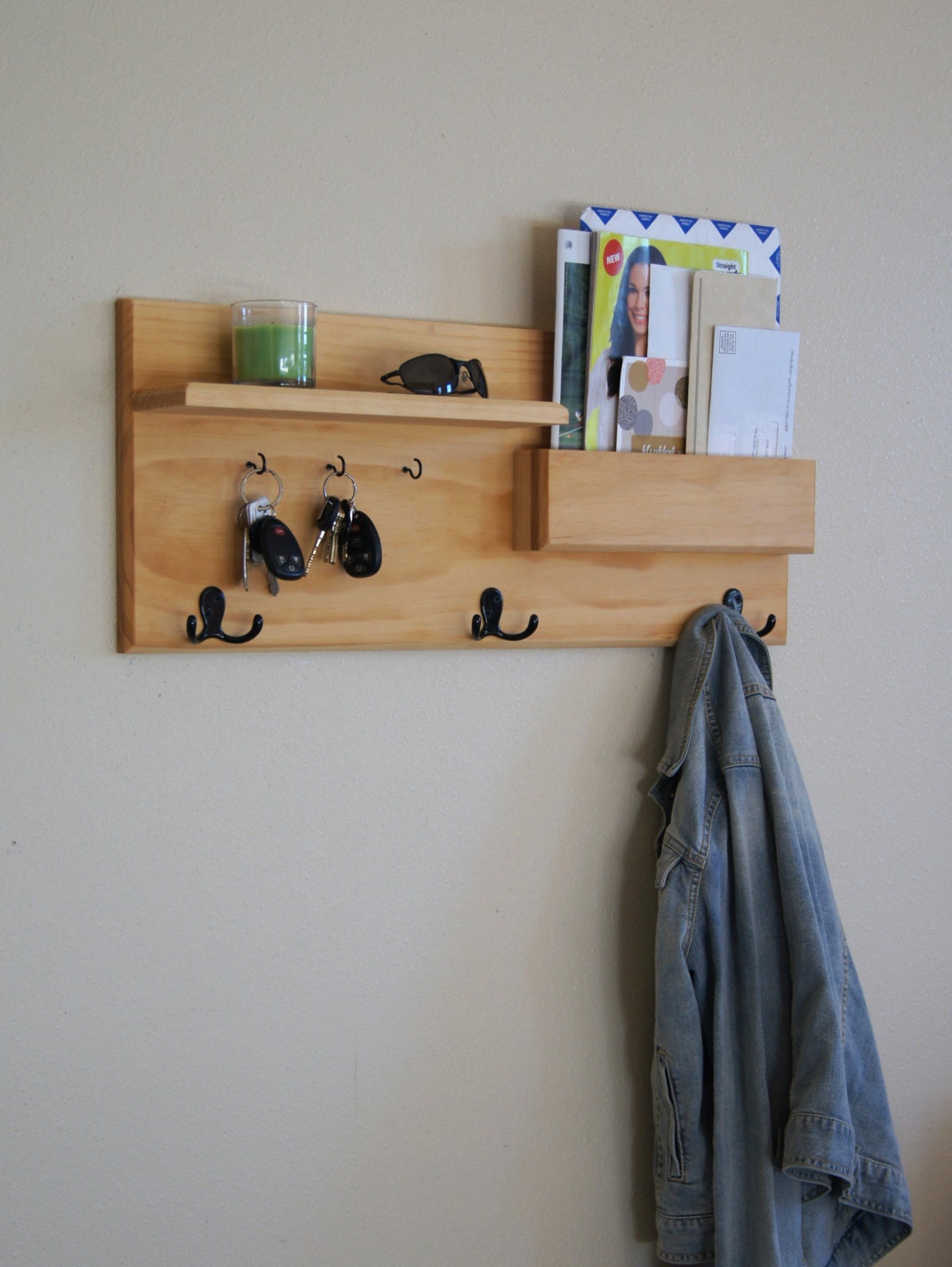 Wall Coat Rack Mail Storage and Key Hooks by MidnightWoodworks