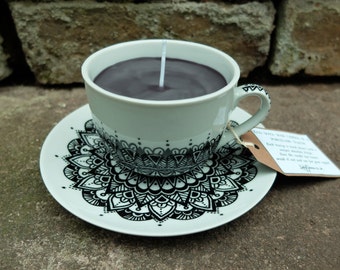 Hand painted, Handmade Teacup Candle. Unique, 'mandala' design. Gothic decor.
