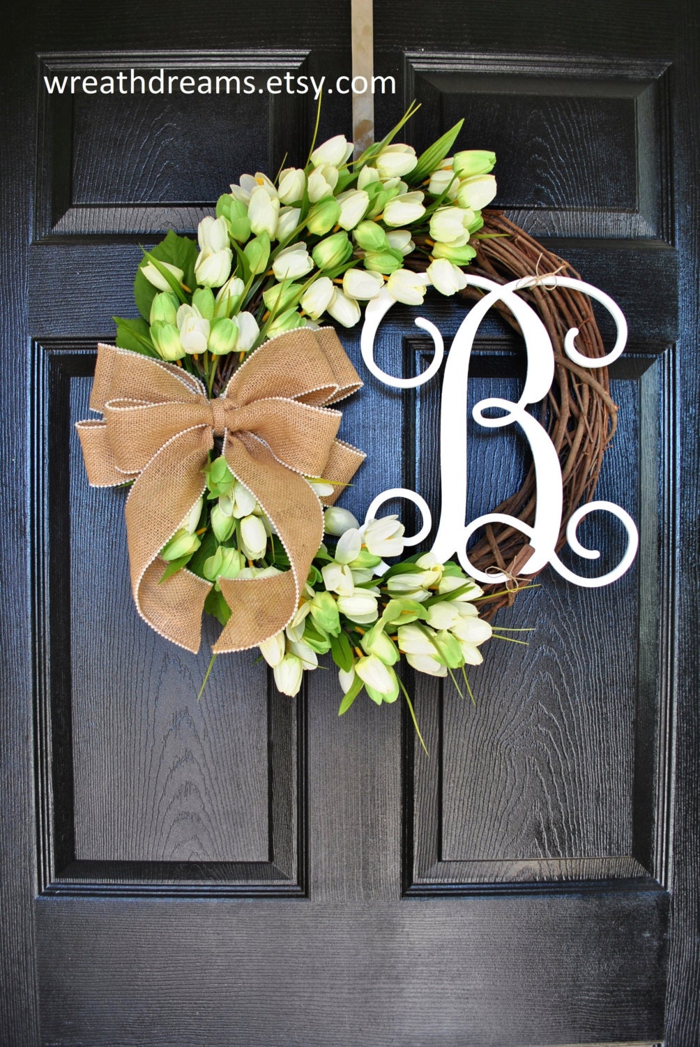 Light Green Mini Tulip Wreath. Grapevine Wreath. Year Round Wreath. Spring Wreath. Summer Wreath. Monogram Wreath. Door Wreath.