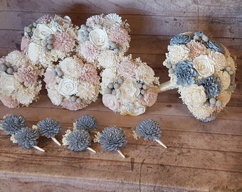 Blush Gray Dusty Slate Steel Blue Bridesmaids Bouquet Sola Flowers and dried Flowers Grey Navy Blue Dusty Miller Silver Brunia
