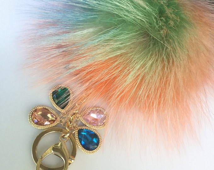 NEW Tropical Swirl™ Crystals Multi Color Raccoon Fur Pom Pom bag charm clover flower charm keychain piece no.407