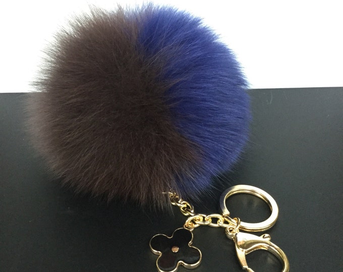 New! Brown Navy FW'16 fox fur Pompon bag charm pendant Fur Pom Pom keychain keyring with flower charm