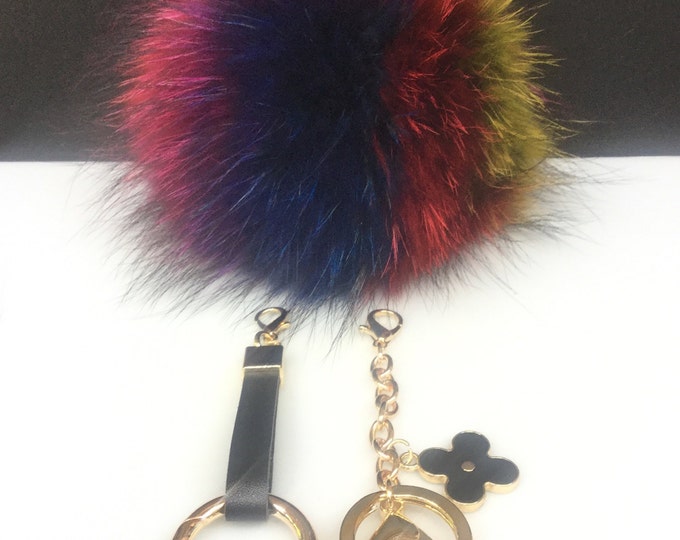 NEW Tropical Swirl™ Multi Color Raccoon Fur Pom Pom bag charm clover flower keychain ( 2 way pom pom)
