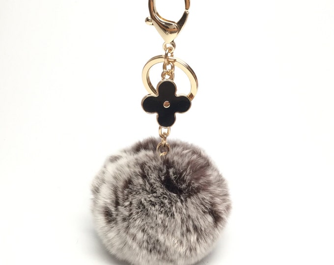 Brown frost fur pom pom keychain REX Rabbit fur pom pom ball with flower bag charm