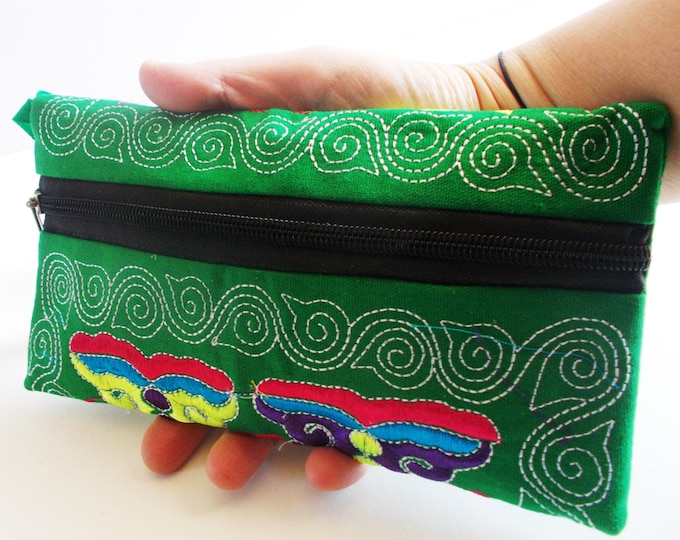boho small clutch, pouch, smartphone bag, fabric wrist purse, cell phone wallet 2 colours handwoven textile, zipper clutch hand embroidered