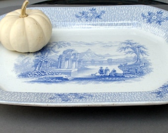 Large Serving Platter , Country Server Romantic Staffordshire, "Corinth" c.1850 Blue and White Transferware Platter, English Pottery