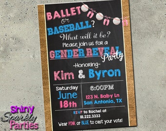 GENDER REVEAL INVITATION - Gender Reveal Idea - Ballet or Baseball Invite - Gender Reveal Party - chalkboard burlap pink or blue reveal