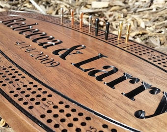 Custom cribbage board. Personalized with names and or picture, logo. Made from black walnut wood. Superior craftsmanship. HighClassSigns