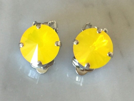 Yellow Opal Crystal Clip On Earrings, Swarovski Yellow Opal Clip On Earrings, Swarovski Yellow Clip On Earrings