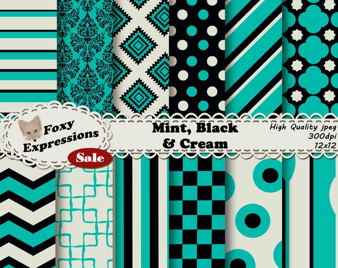Mint, Black and Cream Digital Paper pack comes in modern and vintage designs, including damask, chevron, spoons, polka dots, stripes, & more