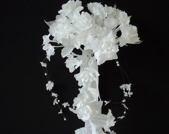 Cascading wedding bouquet of white silk flowers (01803)