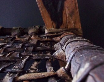 OLD TRIBAL STOOL, Hide leather strips, Rich genuine patina, Africa old wood, Afar Omo, wooden chair, chaise African art. Ethnographic Tribal