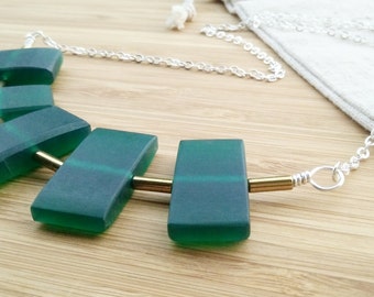Statement Necklace- Geometric Necklace- Green Chunky Silver Necklace- Green Jewelry- Womens Gift- Unique Womens Gift- Green Necklace