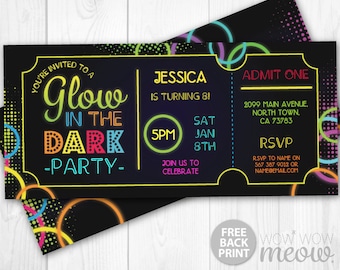 Glow in the Dark Invitations tickets Admit One Party Invite Birthday INSTANT DOWNLOAD Neon Paint Girls Boys Customize Personalize Edit Print