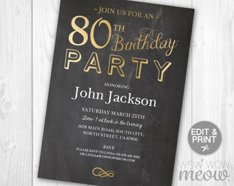 80th Birthday Invitations Elegant Gold Party Invite 80 Chalk Eighty Mens Womens INSTANT DOWNLOAD Editable Digital pdf Printable Personalize