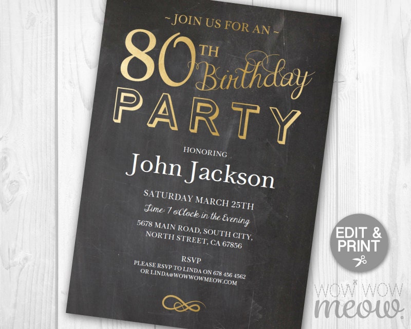 80th Birthday Invitations Elegant Gold Party Invite 80 Chalk