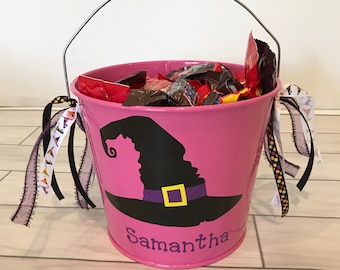 Halloween Bucket- Metal Bucket- Halloween bag- Trick or Treat Bucket- Personalized Halloween Bucket- Personalized Bucket- Witch Hat Bucket