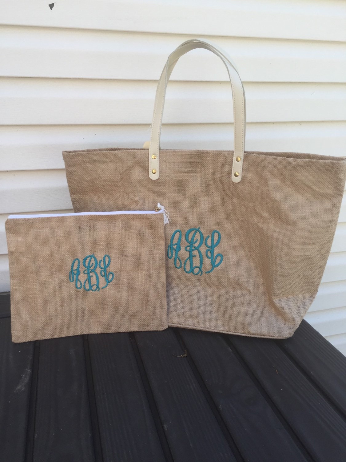 Monogrammed burlap Tote and Zipper Pouch Combo mothers Day