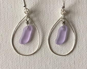 Lavender Sea Glass Silver Wire Hoop Earrings