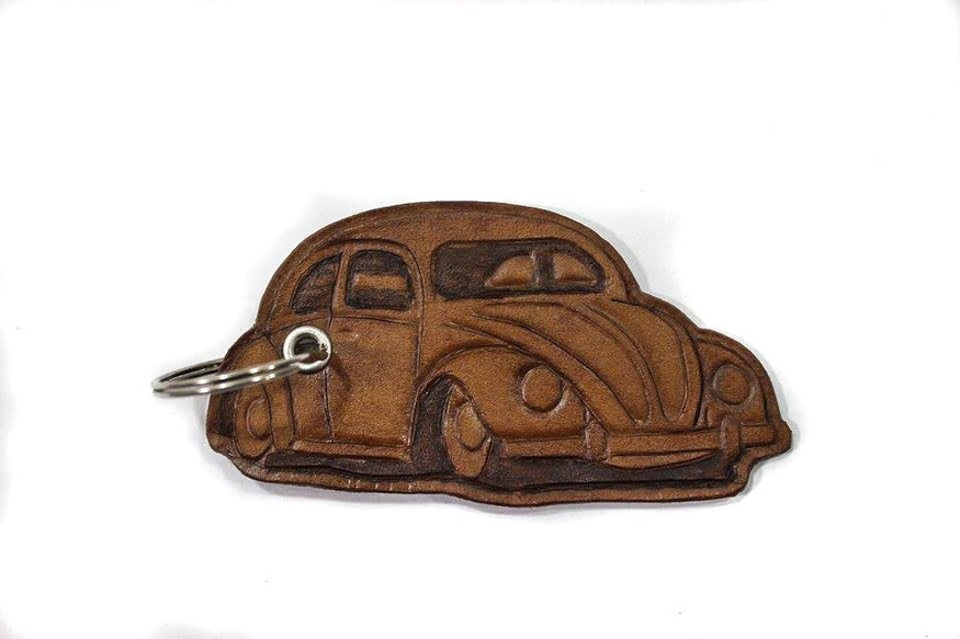 Handmade Tooled Leather Volkswagen Beetle Keychain, VW Bug Key Chain