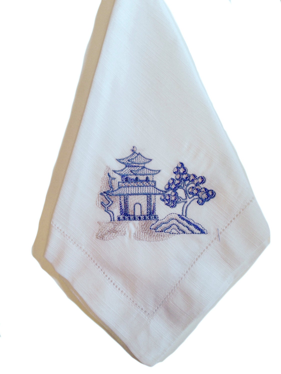 Embroidered 20x20 Linen Napkins Chinese Pagodas in Red