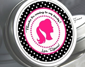 Birthday Favors - Personalized Barbie Doll Mint Tins, Glam Party Favors, Personalized Birthday Mint Tins, Barbie Decor, silhouette Favors