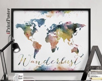 Wanderlust print, world map art, world map poster, world map print, Travel map, Wall art, Home Decor, Art prints, iPrintPoster