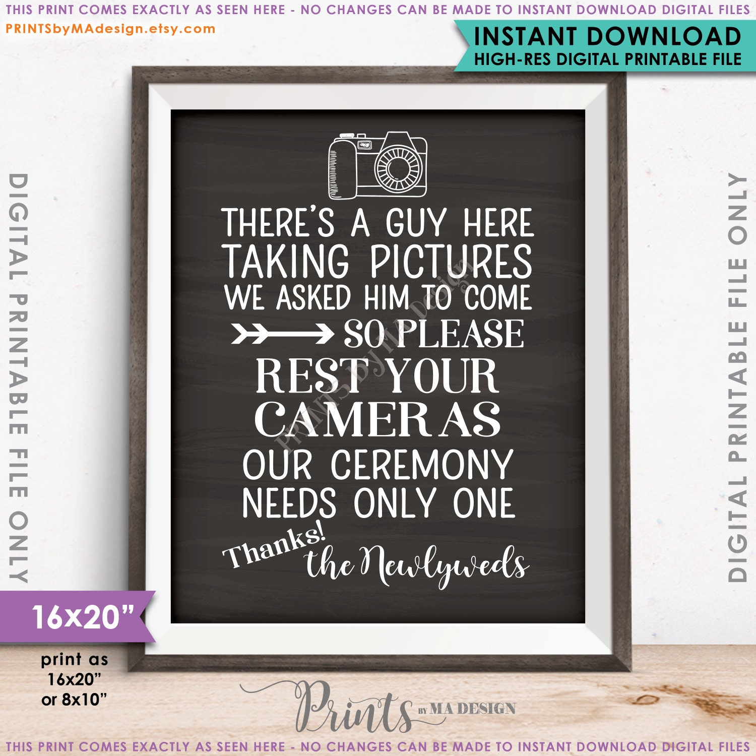 Unplugged Wedding Sign, No Cameras at the Ceremony Sign, Only One Photographer, 16x20 Chalkboard ...