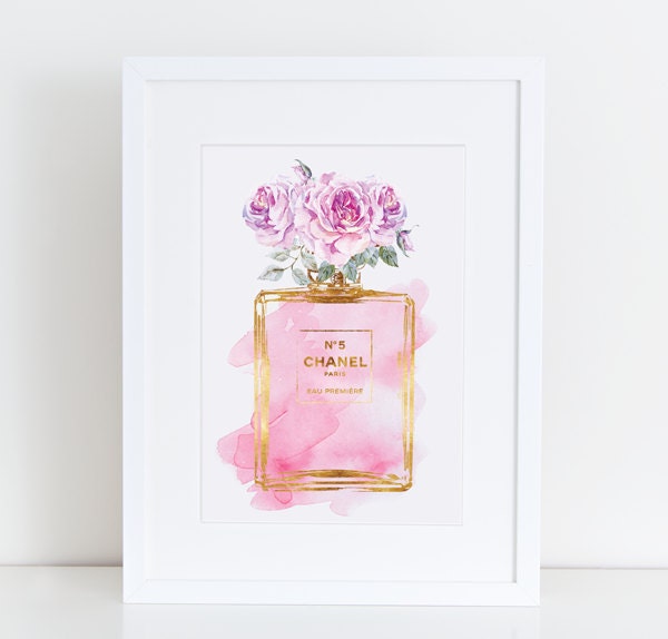 Perfume print in Pink roses watercolor with gold effect