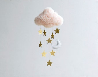 Dreamy Blush Tulle Cloud Nursery Mobile with Gold Stars and a Sparkly Silver Moon