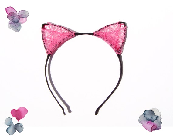  Pink  Lace Cat  Ears  Headband  by KittyMeStore on Etsy