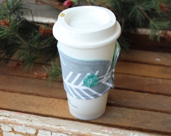 Reusable Coffee Cup Sleeve, Coffee Cup Cozy, Gray and Mint Green Arrow Coffee Cozy, Ready to Ship
