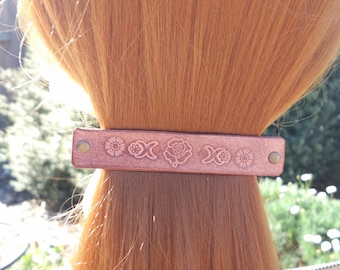 Leather French hair barrette, Handmade Tooled Leather Hair Clip, women Hair Accessory, brown rose flower, hair fashion, Ponytail Holder