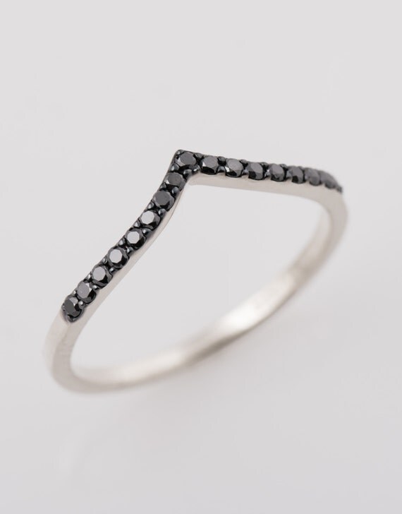 V Black Diamond Band 14K White Gold Ring Pave Black Diamond