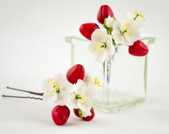 Red floral hair pins Cherry blossom hair Bridesmaid hair accessories Bridesmaid gift Bridesmaid flowers for hair Summer wedding hair pins