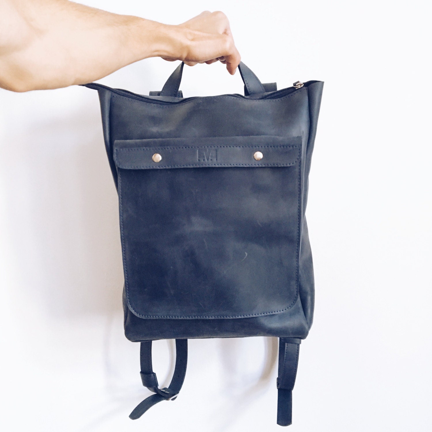 HandMade Dark BLUE LEATHER BACKPACK / Handcrafted leather