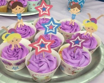 Gymnastic Cupcake Toppers, Star Cupcake Toppers, Girls Birthday Cupcake Toppers, Birthday Cupcake Toppers- Set of 12 DIY Printable or Ship