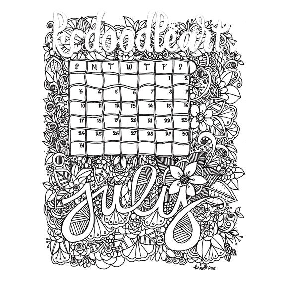 Instant Digital Download Coloring Page July 2016 Calendar