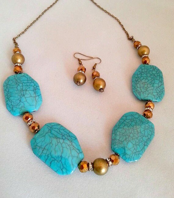 Bronze and Turquoise Bib Necklace and Earrings Set Turquoise