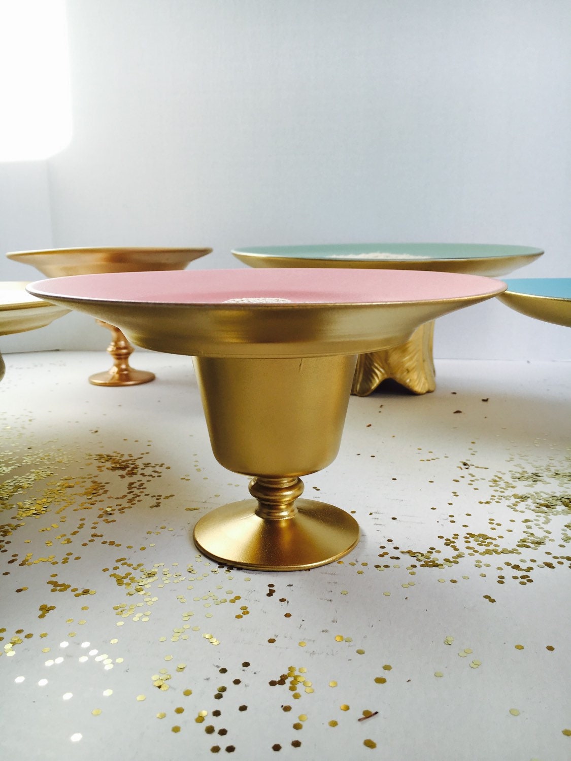Handmade Cake Stand in Light Pink and Gold 7 1/2 dia.