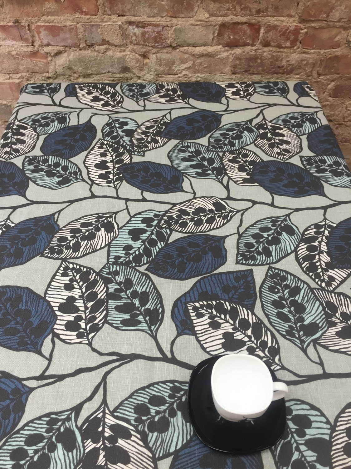 Grey Tablecloth with blue white Leaves Linen Tablecloth