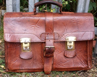Vintage brown leather Briefcase, leather satchel briefcase, vintage attache bag, large leather briefcase satchel bag