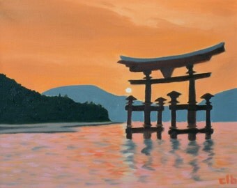 Japan Painting, 14 x 11, Oil Painting, Original Art, Landscape Painting, Japanese Landscape art, Japan Gate Painting, Itsukushima Shrine