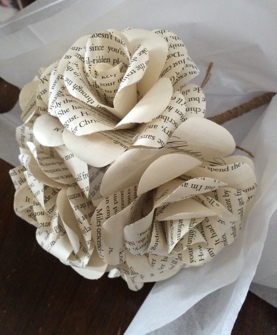 Book page flower bouquet wrapped with natural jute twine