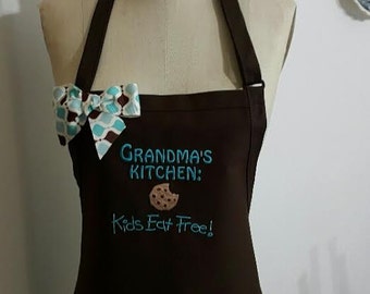 Grandma's Kitchen Apron -Personalized Apron- Brown and Teal embroidery thread - Bow Apron .Grandma Apron -