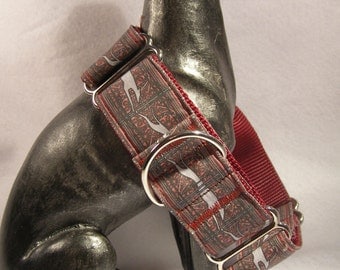 Jane Walker Running Greyhound Design Martingale Collar 1.5" Wide Burgandy & Grey