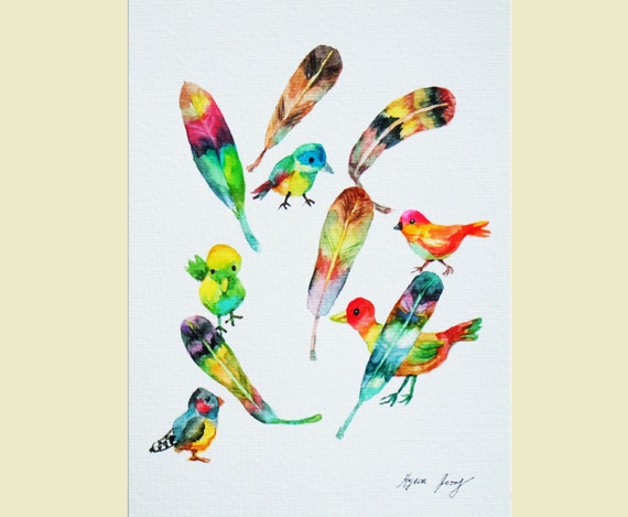 Original Watercolor Painting of Birds and Feather Whimsical